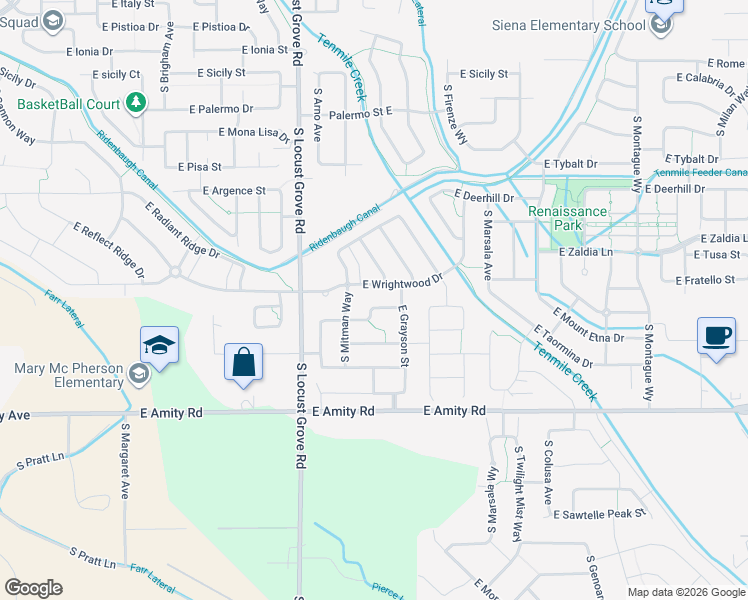 map of restaurants, bars, coffee shops, grocery stores, and more near 1860 East Adelaide Drive in Meridian