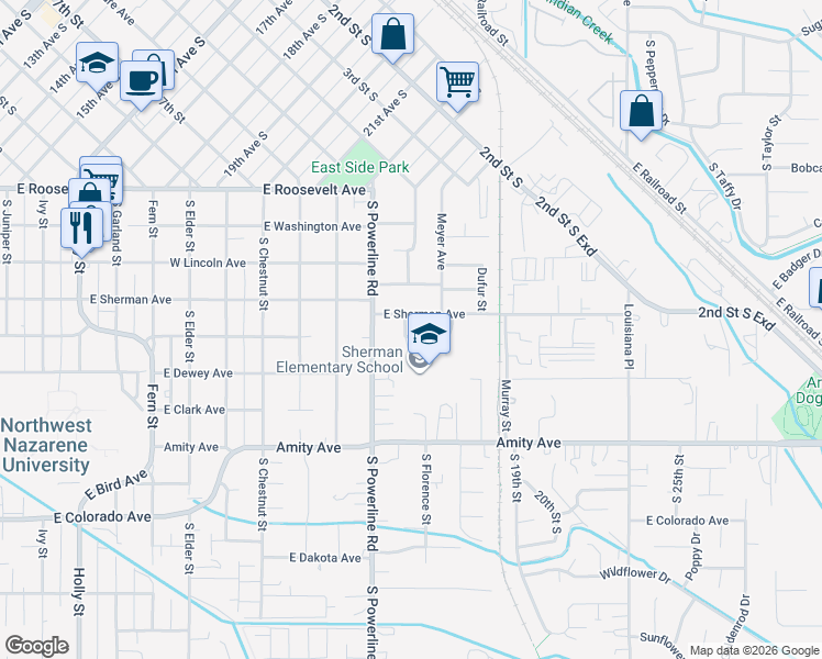 map of restaurants, bars, coffee shops, grocery stores, and more near 1523 East Sherman Avenue in Nampa
