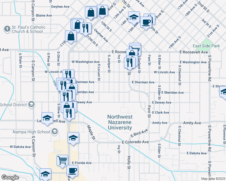 map of restaurants, bars, coffee shops, grocery stores, and more near 510 East Sheridan Avenue in Nampa