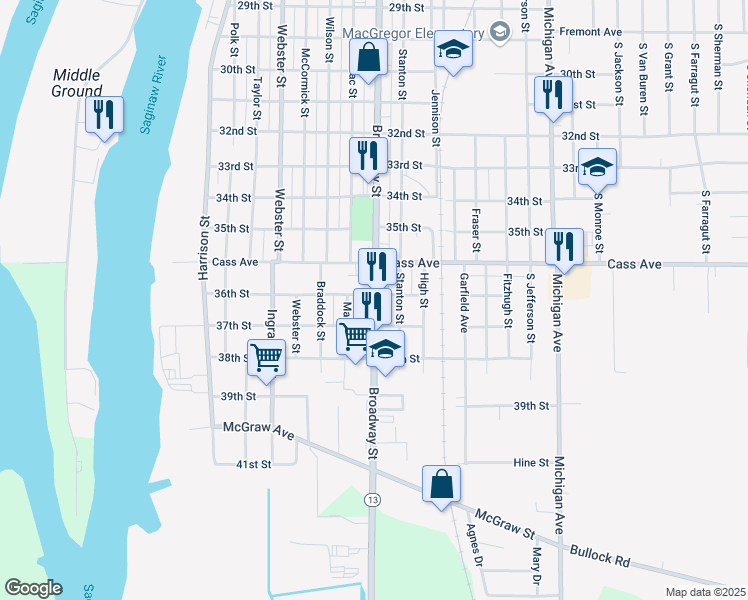 map of restaurants, bars, coffee shops, grocery stores, and more near 2307 Broadway St in Bay City
