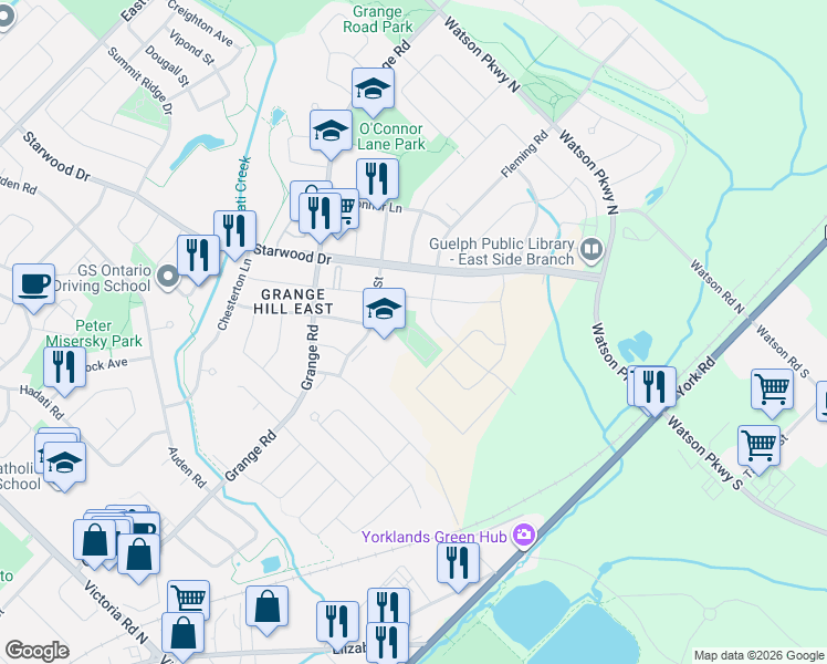 map of restaurants, bars, coffee shops, grocery stores, and more near 71 Lee Street in Guelph
