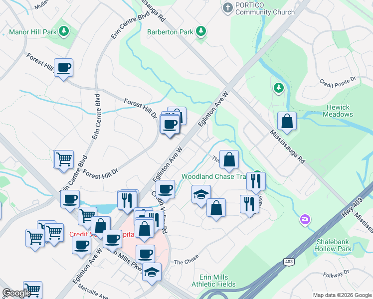 map of restaurants, bars, coffee shops, grocery stores, and more near 1725 The Chase in Mississauga