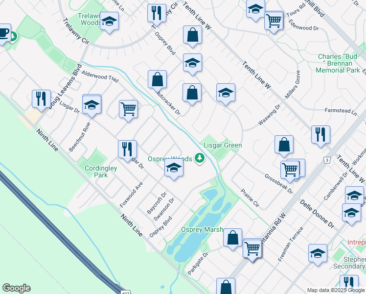 map of restaurants, bars, coffee shops, grocery stores, and more near 3784 Forest Bluff Crescent in Mississauga
