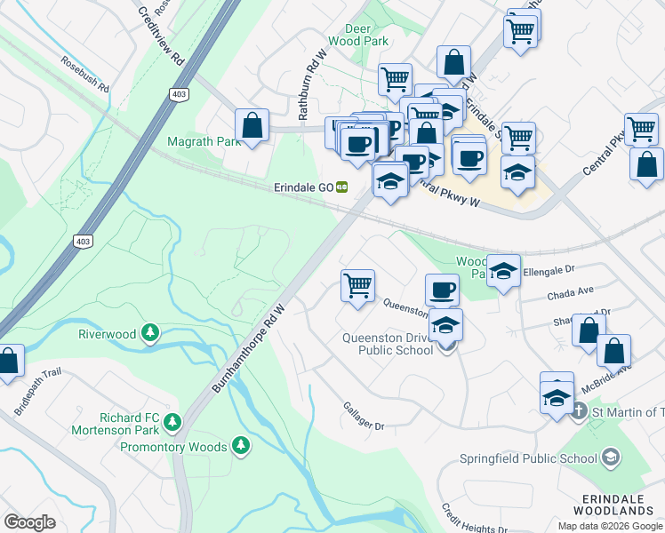 map of restaurants, bars, coffee shops, grocery stores, and more near 3676 Glencolin Court in Mississauga