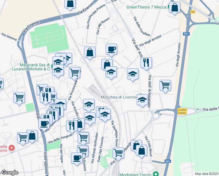 map of restaurants, bars, coffee shops, grocery stores, and more near 14 Via Gabriello Chiabrera in Livorno