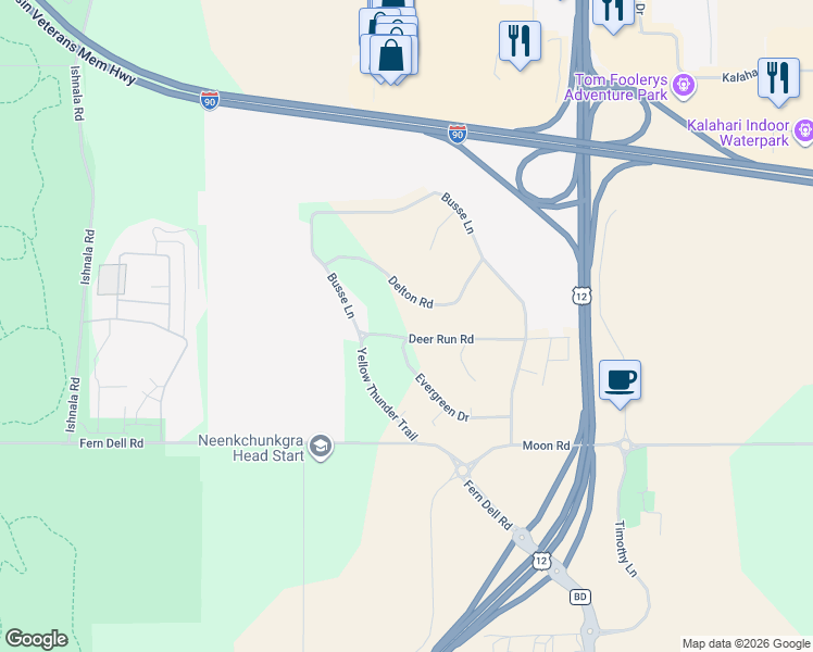 map of restaurants, bars, coffee shops, grocery stores, and more near E10752 Deer Run Road in Baraboo