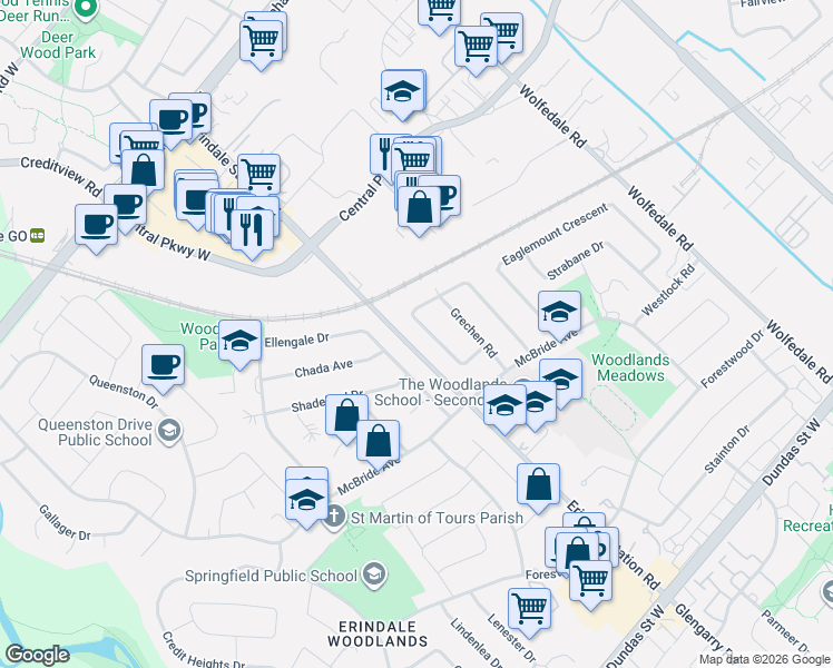 map of restaurants, bars, coffee shops, grocery stores, and more near 3656 Ellengale Drive in Mississauga
