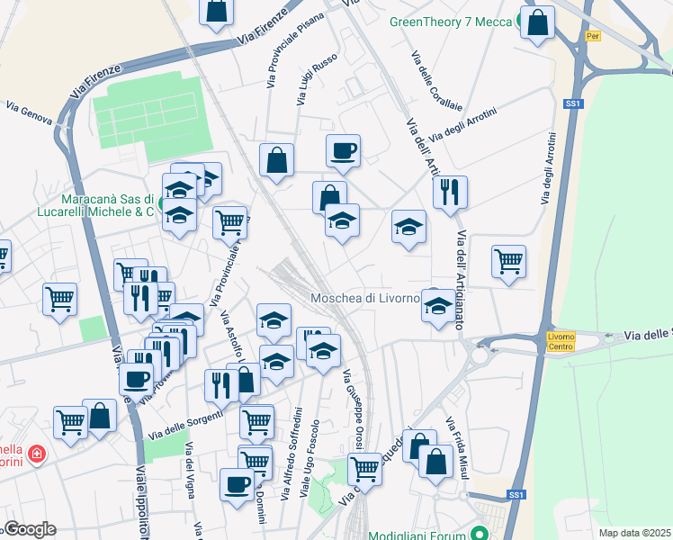 map of restaurants, bars, coffee shops, grocery stores, and more near 14 Via Gabriello Chiabrera in Livorno