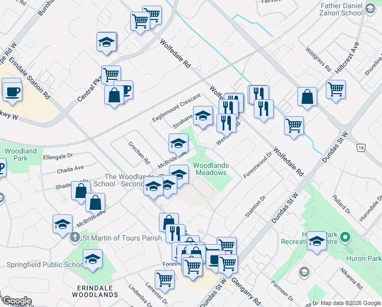 map of restaurants, bars, coffee shops, grocery stores, and more near 946 McBride Avenue in Mississauga