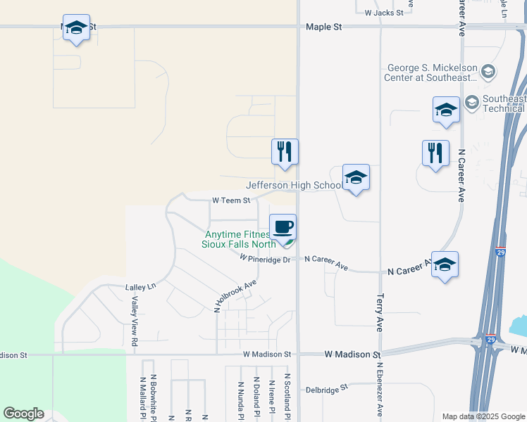 map of restaurants, bars, coffee shops, grocery stores, and more near 1501 North Holbrook Avenue in Sioux Falls