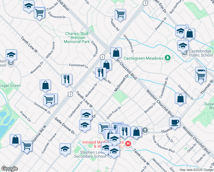 map of restaurants, bars, coffee shops, grocery stores, and more near 5907 Bassinger Place in Mississauga