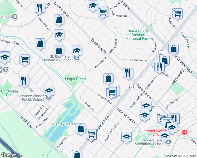 map of restaurants, bars, coffee shops, grocery stores, and more near 3310 Greenbelt Crescent in Mississauga