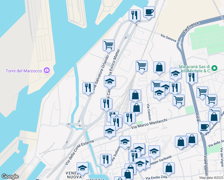 map of restaurants, bars, coffee shops, grocery stores, and more near 82 Via delle Cateratte in Livorno
