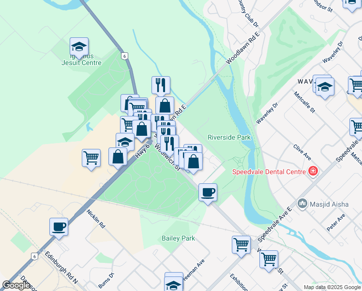 map of restaurants, bars, coffee shops, grocery stores, and more near 19 Woodlawn Road East in Guelph