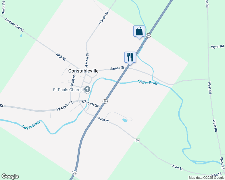 map of restaurants, bars, coffee shops, grocery stores, and more near New York 26 in Constableville