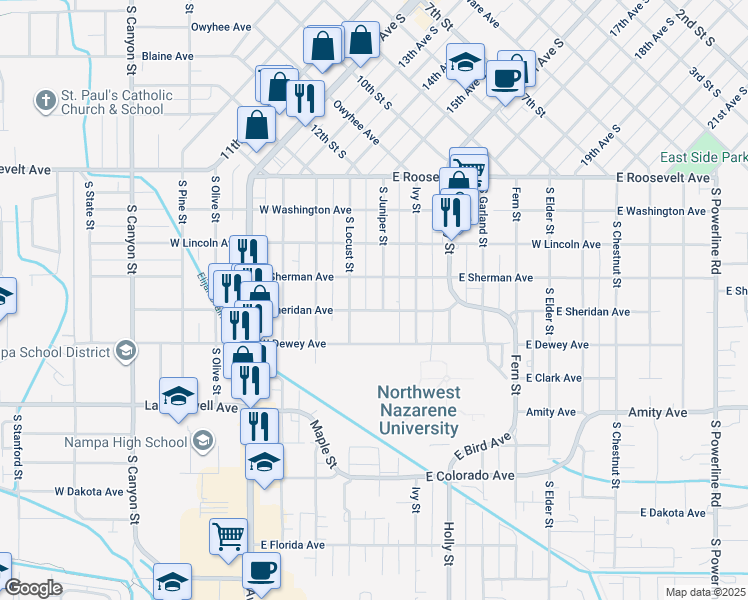 map of restaurants, bars, coffee shops, grocery stores, and more near 412 East Sheridan Avenue in Nampa