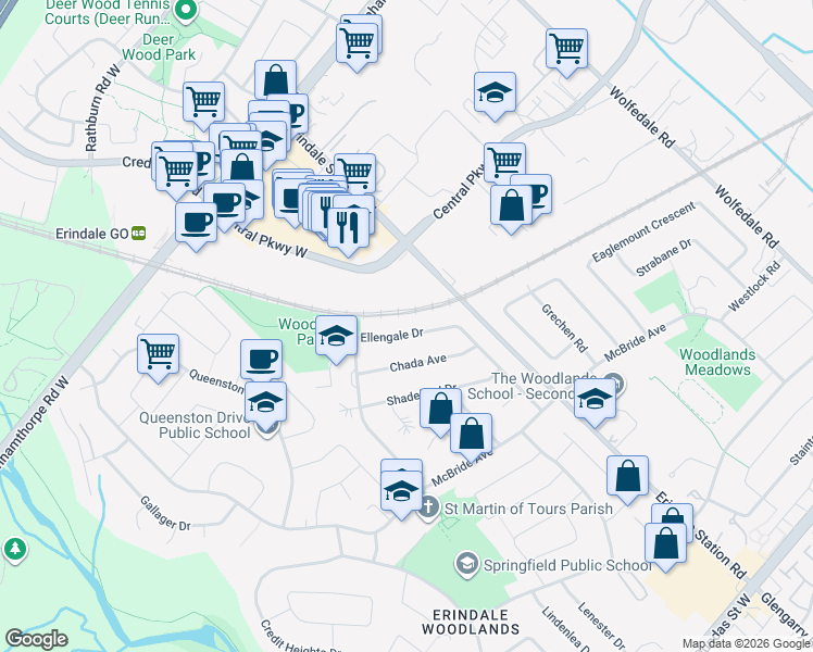 map of restaurants, bars, coffee shops, grocery stores, and more near 3575 Ellengale Drive in Mississauga