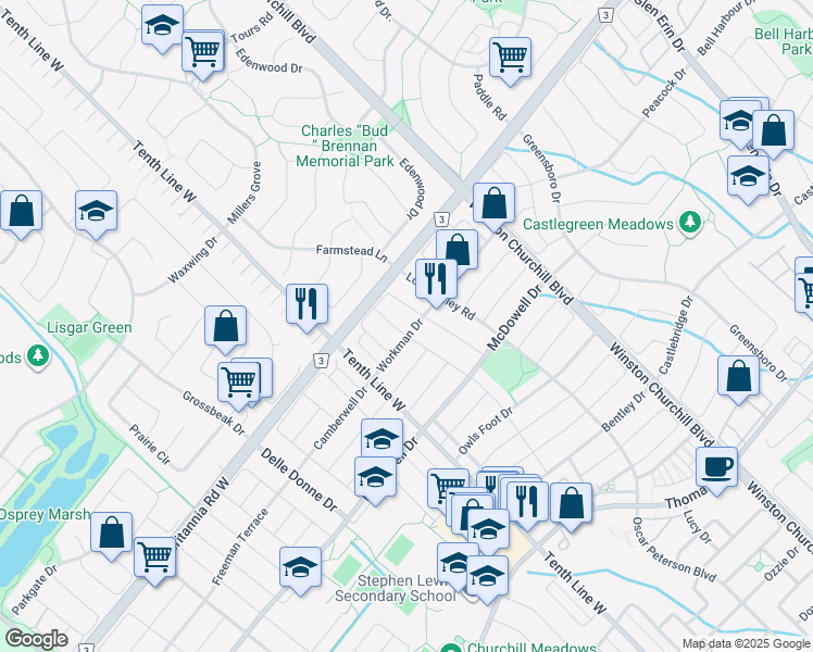 map of restaurants, bars, coffee shops, grocery stores, and more near 5959 Foxbridge Place in Mississauga