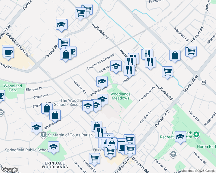 map of restaurants, bars, coffee shops, grocery stores, and more near 946 McBride Avenue in Mississauga