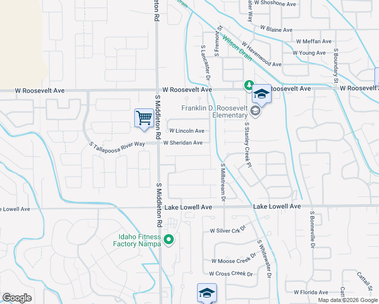 map of restaurants, bars, coffee shops, grocery stores, and more near 2343 West Coneflower Street in Nampa
