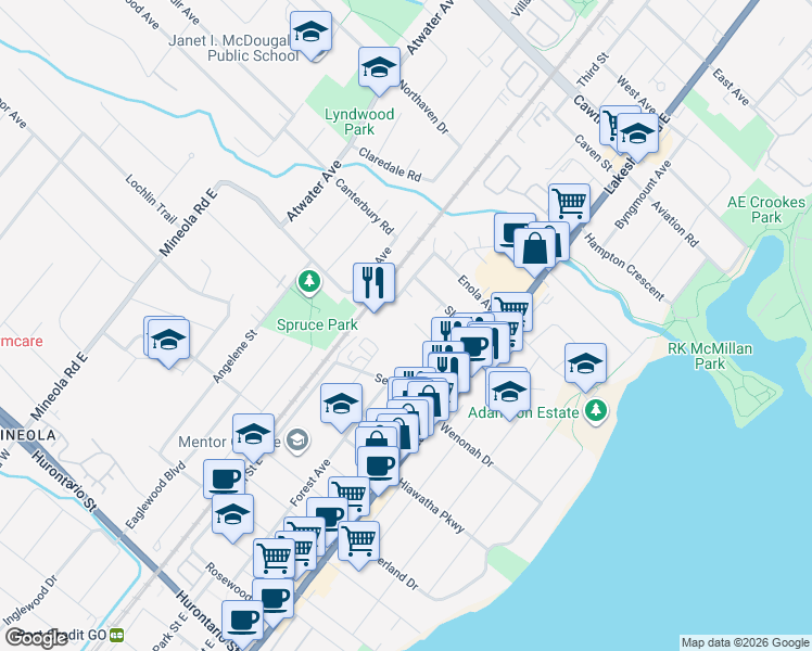 map of restaurants, bars, coffee shops, grocery stores, and more near 1076 Roosevelt Road in Mississauga