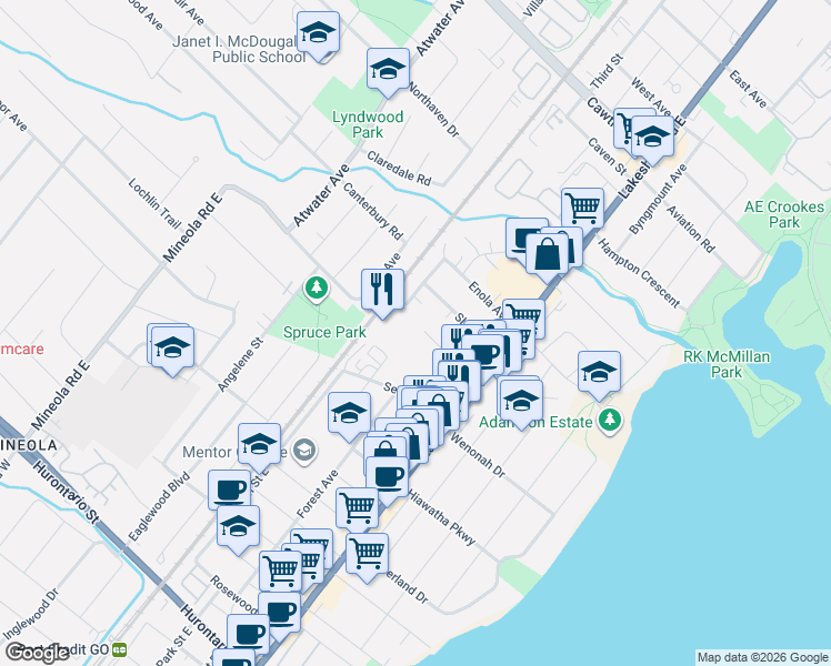 map of restaurants, bars, coffee shops, grocery stores, and more near 1076 Roosevelt Road in Mississauga