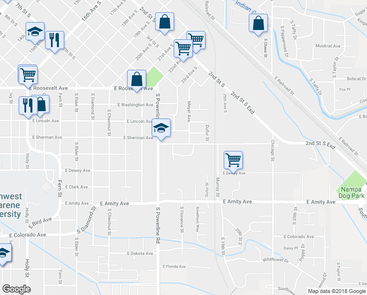 map of restaurants, bars, coffee shops, grocery stores, and more near 1619 East Sherman Avenue in Nampa