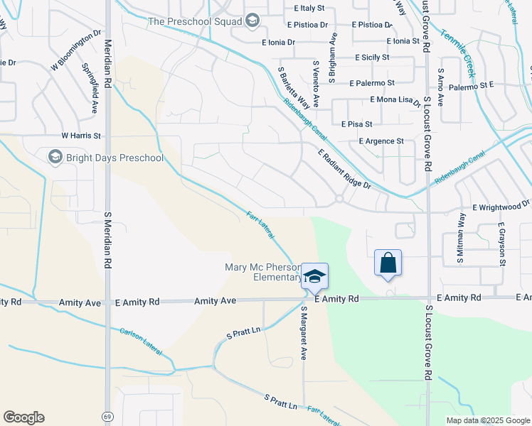 map of restaurants, bars, coffee shops, grocery stores, and more near 801 East Crest Ridge Drive in Meridian