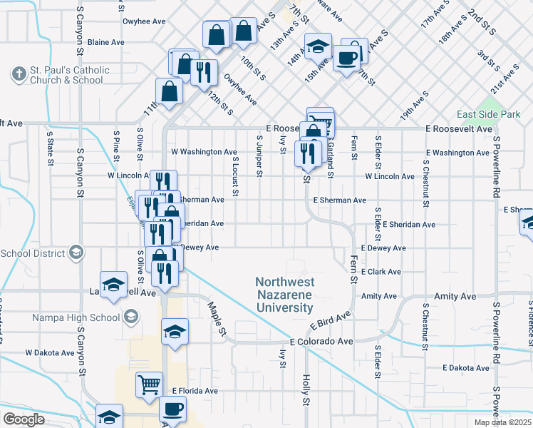 map of restaurants, bars, coffee shops, grocery stores, and more near 510 East Sheridan Avenue in Nampa