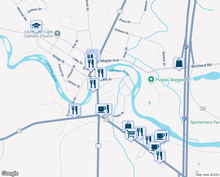 map of restaurants, bars, coffee shops, grocery stores, and more near 16 Box Street in Pulaski