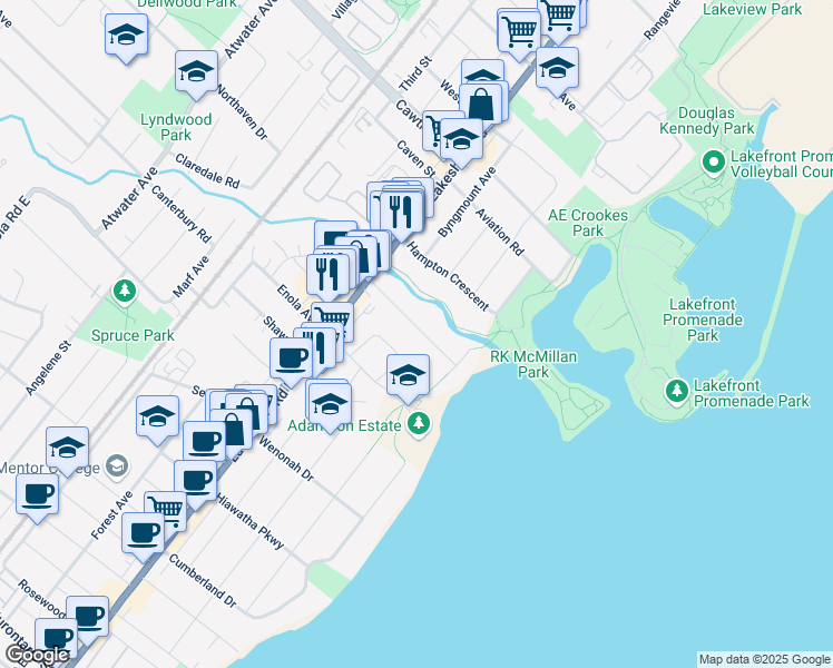 map of restaurants, bars, coffee shops, grocery stores, and more near 890 Beechwood Avenue in Mississauga