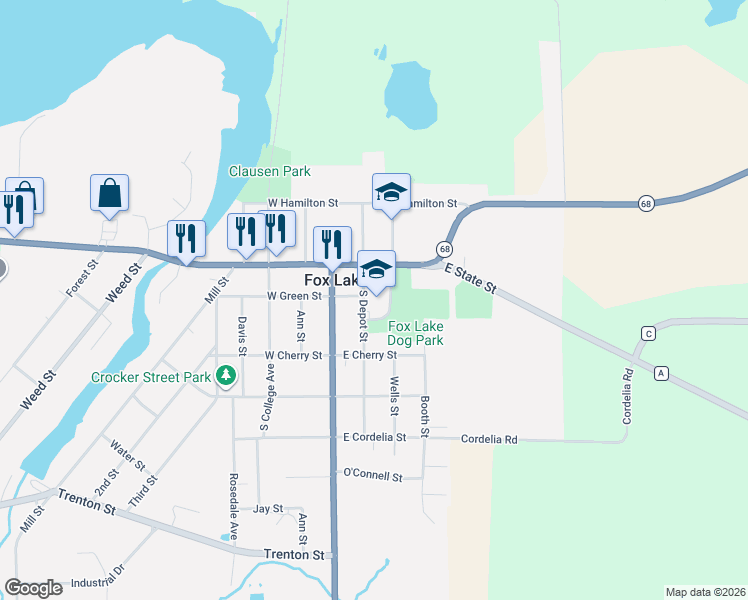 map of restaurants, bars, coffee shops, grocery stores, and more near 200 South Depot Street in Fox Lake