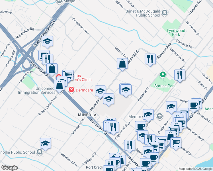 map of restaurants, bars, coffee shops, grocery stores, and more near 133 Mineola Road East in Mississauga