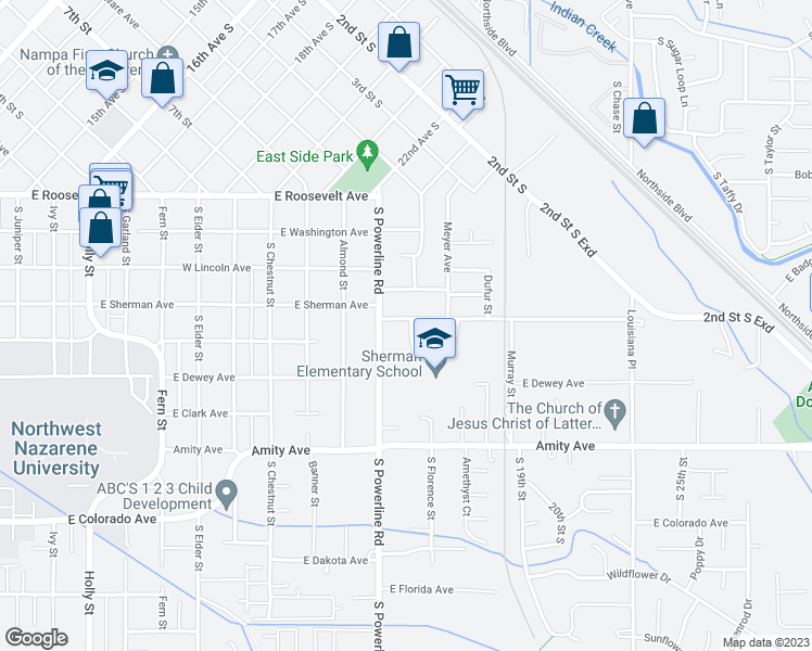 map of restaurants, bars, coffee shops, grocery stores, and more near 1519 East Sherman Avenue in Nampa