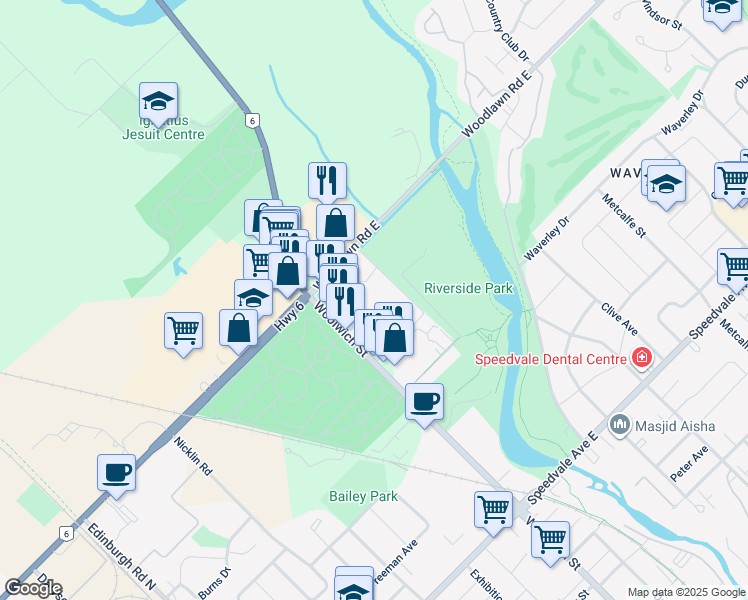 map of restaurants, bars, coffee shops, grocery stores, and more near 19 Woodlawn Road East in Guelph