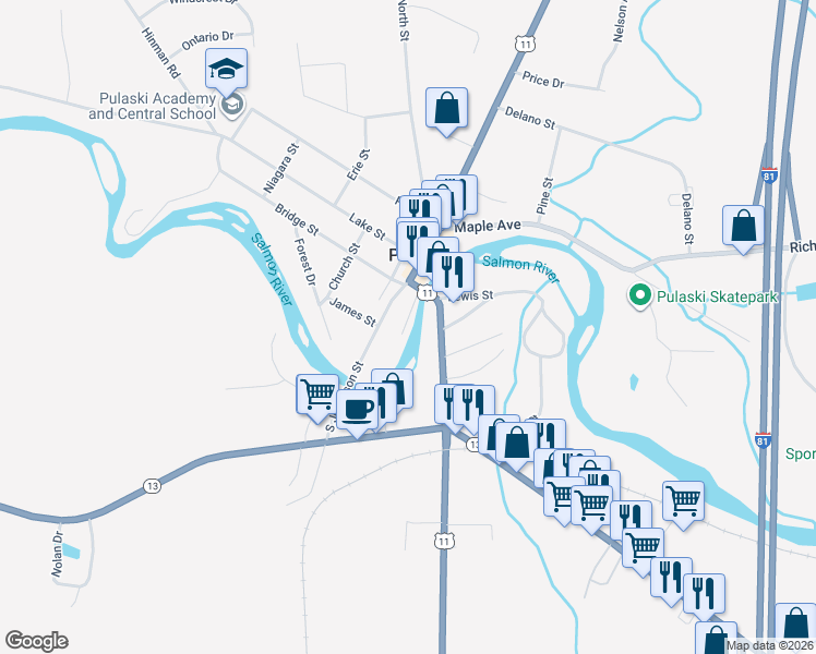 map of restaurants, bars, coffee shops, grocery stores, and more near 15 River Street in Pulaski