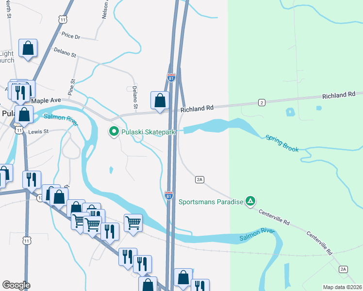 map of restaurants, bars, coffee shops, grocery stores, and more near 646 Centerville Road in Pulaski