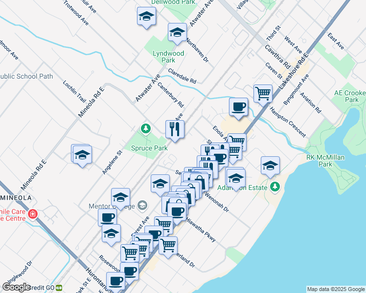 map of restaurants, bars, coffee shops, grocery stores, and more near 360 Revus Avenue in Mississauga