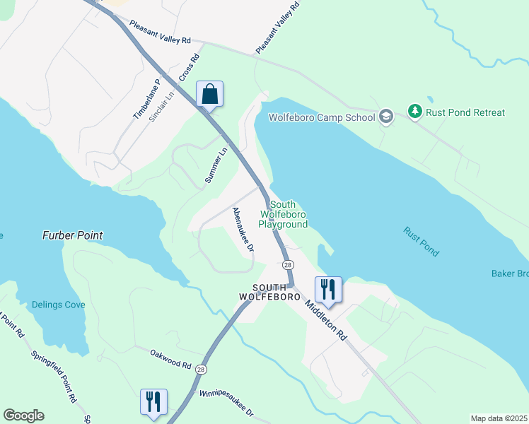 map of restaurants, bars, coffee shops, grocery stores, and more near 595 South Main Street in Wolfeboro