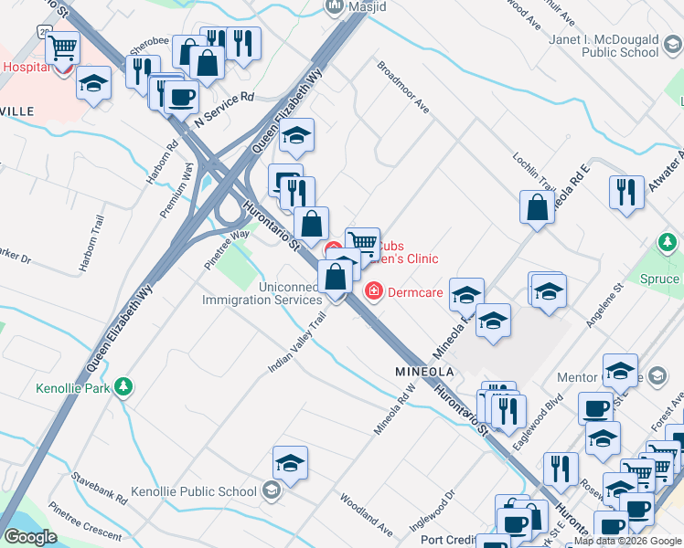 map of restaurants, bars, coffee shops, grocery stores, and more near 1489 Hurontario Street in Mississauga