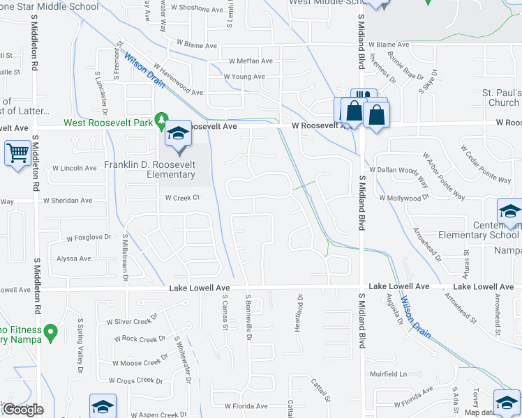 map of restaurants, bars, coffee shops, grocery stores, and more near 1418 West Sheridan Avenue in Nampa