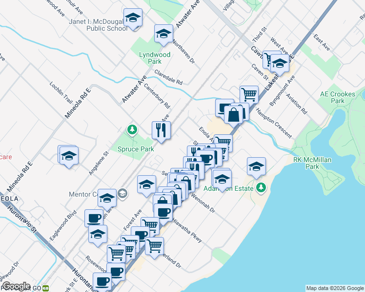 map of restaurants, bars, coffee shops, grocery stores, and more near 1060 Roosevelt Road in Mississauga
