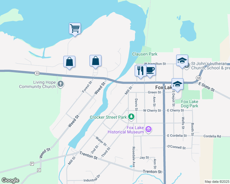 map of restaurants, bars, coffee shops, grocery stores, and more near 117 Jansen Drive in Fox Lake