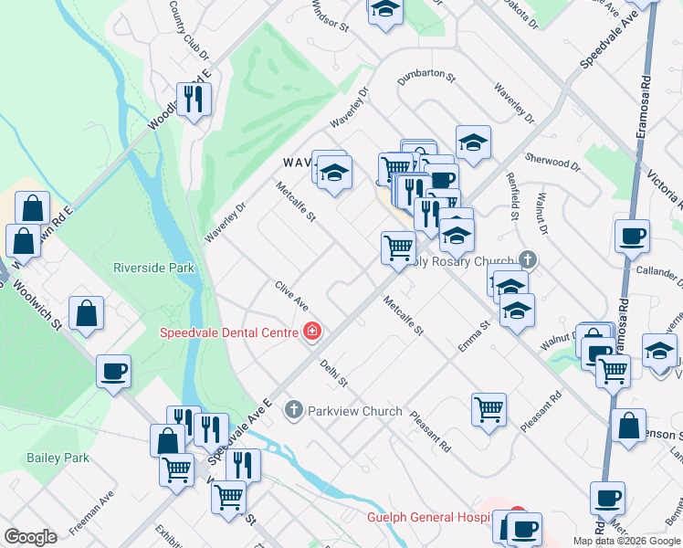 map of restaurants, bars, coffee shops, grocery stores, and more near 22 Gladstone Avenue in Guelph