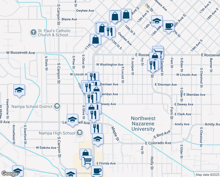 map of restaurants, bars, coffee shops, grocery stores, and more near 211 East Sheridan Avenue in Nampa