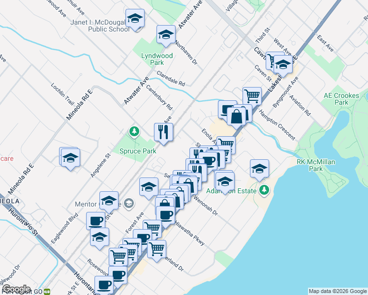 map of restaurants, bars, coffee shops, grocery stores, and more near 1071 Roosevelt Road in Mississauga