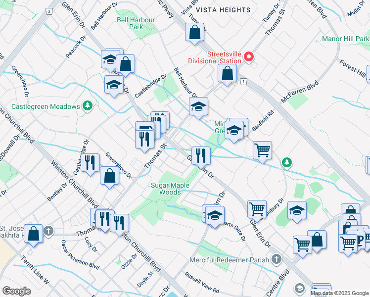 map of restaurants, bars, coffee shops, grocery stores, and more near 5535 Glen Erin Drive in Mississauga