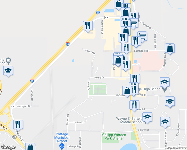 map of restaurants, bars, coffee shops, grocery stores, and more near 404 Henry Drive in Portage