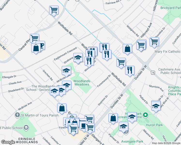 map of restaurants, bars, coffee shops, grocery stores, and more near 879 Consort Crescent in Mississauga