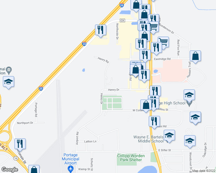 map of restaurants, bars, coffee shops, grocery stores, and more near 325 Henry Drive in Portage